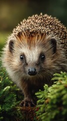 Fototapeta premium Close encounter with a hedgehog in a lush forest during golden hour