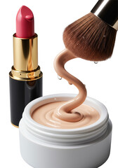 Extreme macro of a vibrant rose-pink lipstick and makeup brush swirling into creamy light-beige foundation, highlighting dewy textures on a transparent background, luxury beauty product advertisement