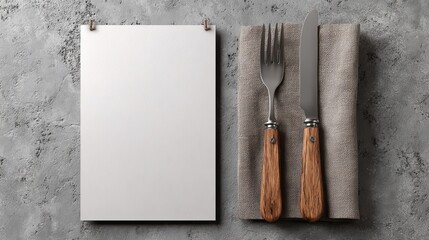 Menu mockup with knife and fork on concrete background space for text
