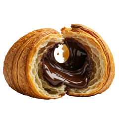 Extreme macro close-up of a torn artisanal croissant, golden-brown, with oozing molten dark chocolate filling, scattering crumbs, subtle steam on transparent background, Concept of irresistible fresh