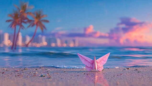 Paper crane on the beach, sunrise backdrop with palm trees & city lights - Powered by Adobe
