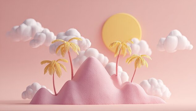 Pastel island scene with sun, clouds, and palm trees