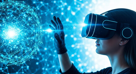 Woman exploring virtual reality with headset and interactive digital sphere