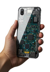 Adult hand holds a sleek smartphone with transparent casing, revealing glowing circuit boards and colorful capacitors on a transparent background, concept of intricate technology