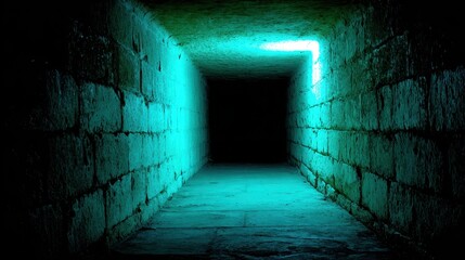 Dark Illuminated Tunnel with Square Light and Brick Walls
