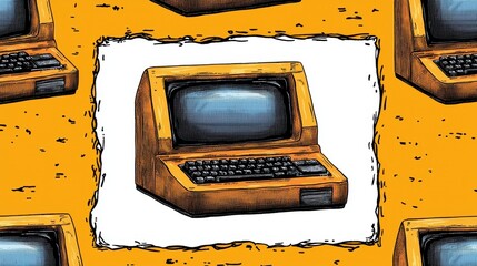 Retro Illustration of Vintage Portable Computer on Orange Background