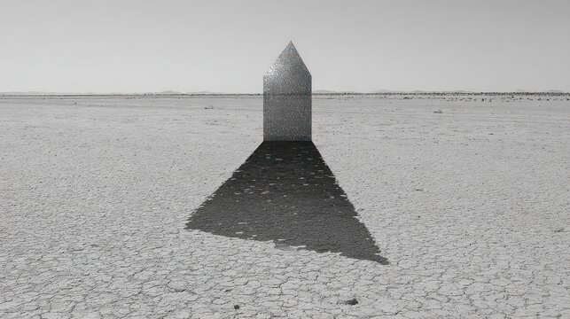 Monochrome pyramid sculpture casting long shadow on barren landscape