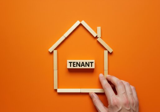 Hand holding a wooden house model with tenant sign on an orange background from a top view