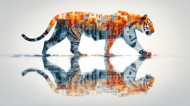 Digitally enhanced tiger walking with reflection on a white background