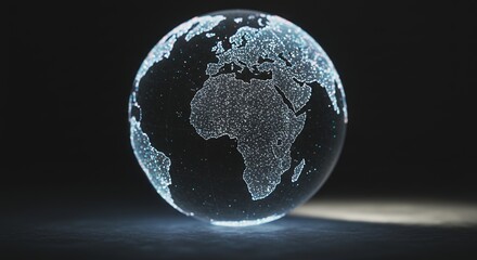 Digital illuminated globe displaying Earth with detailed continents and grid lines illuminated in blue and white on a black background showing global connectivity and technology themes