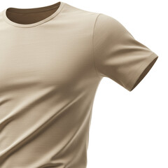 Extreme close-up of a light beige short-sleeved cotton t-shirt, draped, showing delicate fibers, crisp stitching, rich texture on a transparent studio background. Concept of product luxury