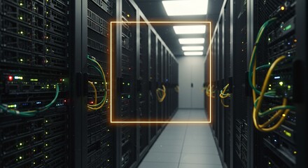Data center server racks with blinking green and red indicator lights in a high-tech secure data center corridor with a glowing digital frame effect around the aisle