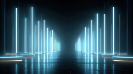 Abstract neon light tunnel in a futuristic dark environment