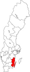 Detailed vector map of Sweden highlighting Kalmar County, a coastal region in the southeast that includes the historical city of Kalmar and the island of Öland.   © USWATUN