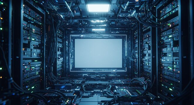 Futuristic data center room with glowing server racks and networking cables illuminated by blue LED lights digital infrastructure high-tech data storage technological environment science fiction style