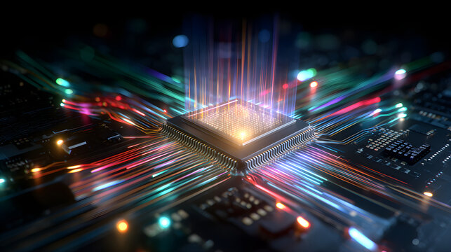 Microchip with vibrant light trails illuminating a circuit board in a futuristic technology setting