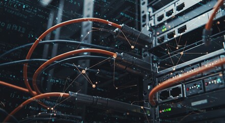 Network cables connected to data center server racks with digital network lines and glowing lights in a high-tech data storage and processing environment
