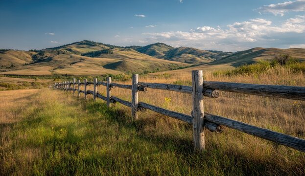Scenic rural landscape with wooden fence, rolling hills, and blue sky