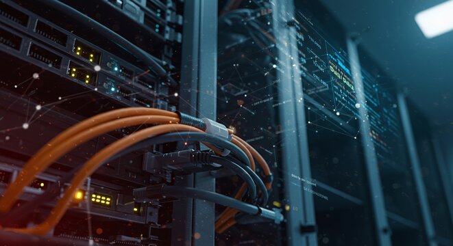Data center server racks with network cables and blinking LED lights, high-tech computer hardware setup, digital information processing environment, technology infrastructure - Powered by Adobe