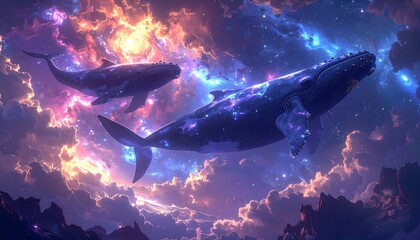Galaxy sky with floating whales, surreal fantasy style
