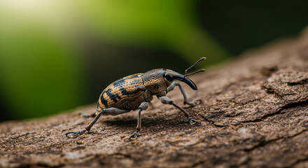 Detailed close-up of a weevil, an insect with a long snout and beautiful patterns, exploring rugged tree bark in its natural habitat under soft light