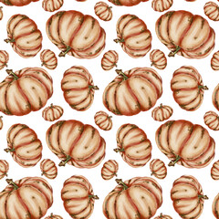 Seamless watercolor pattern with beige-orange pumpkins in a realistic autumnal style. Great for packaging, textiles, kitchen decor, fall-themed branding, and Thanksgiving designs.