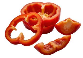 Freshly cut vibrant red bell pepper slices (ring, half-moon, irregular), glossy, crisp, dewy edges, golden seeds, isolated on transparent background, extreme macro, dramatic studio lighting, concept