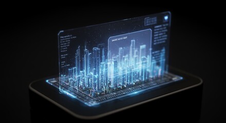 Futuristic holographic cityscape projection displaying skyscrapers and data charts above a sleek device with glowing blue lights on a dark background