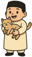 Cute Muslim Boy Cartoon Holding a Cat | Islamic Kids Character Illustration