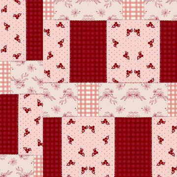 Festive seamless red patchwork pattern with floral, plaid, and polka dot elements. Perfect for Christmas wrapping paper, holiday textiles, festive backgrounds, and cozy home decor.