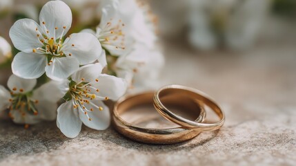 weekday wedding vibes delicate wedding rings beside white flowers on a textured background