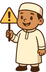 Cute Muslim Boy Cartoon Holding Warning Sign | Islamic Kids Safety Illustration