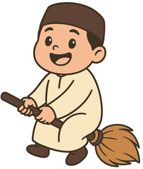 Cute Muslim Boy Cartoon Riding Broom | Islamic Kids Illustration