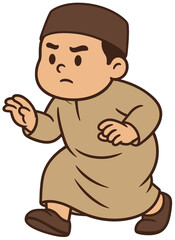 Cute Muslim Boy Cartoon with Serious Expression Walking | Islamic Kids Illustration