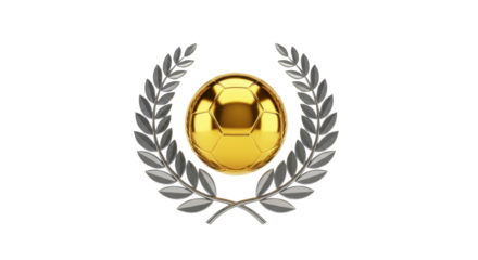 A golden soccer ball is encircled by a silver laurel wreath, isolated on white.