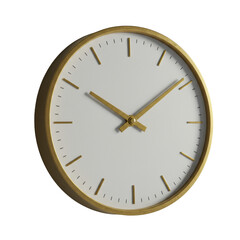 Ultra-minimalist analog wall clock, white ceramic face, 10:10, polished gold hands, black numerals, gold frame, isolated transparent, low angle cinematic studio shot, design perfection concept