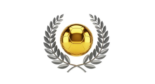 A golden soccer ball is encircled by a silver laurel wreath, isolated on white.