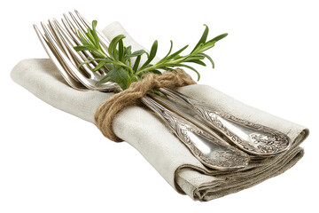 Elegant Table Setting With Linen Napkin, Silverware And Fresh Herbs