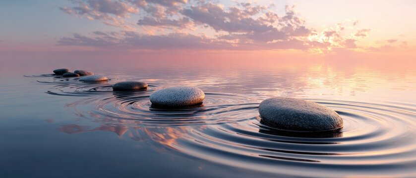 Stones on water at sunset. Steps to calm, serene path with ripples. Clouds. Peaceful colors