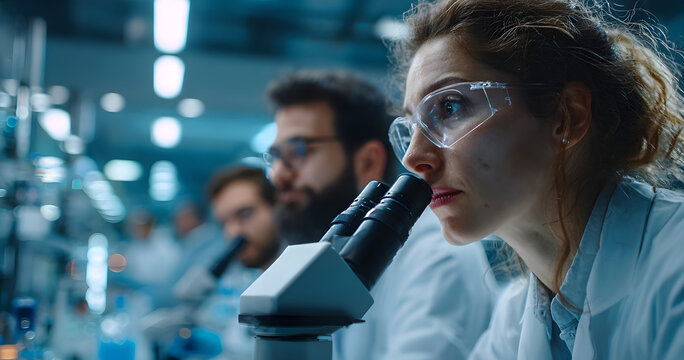 Team, microscope and test with people in lab for mentorship, research or sample analysis. Dna profiling, medical study and case training with doctors in clinic for discovery and collaboration