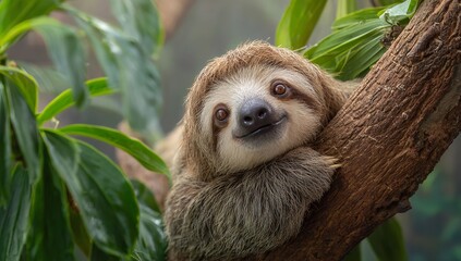 Adorable sloth resting peacefully on a tree branch in the lush rainforest, looking directly at the camera with a sweet smile, perfect for nature and wildlife campaigns