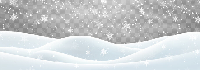 Vector heavy snowfall with snowbanks field. Snow landscape decoration, frozen hills isolated on png background. Snow flakes, snow and blizzard falling on snowdrifts. Christmas vector illustration