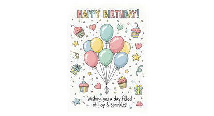 Obraz premium Cute Pastel Birthday Card with Playful Cartoon Doodles