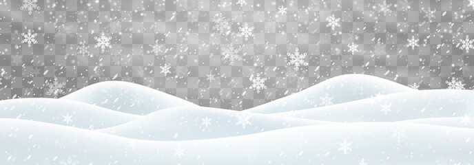 Vector heavy snowfall with snowbanks field. Snow landscape decoration, frozen hills isolated on png background. Snow flakes, snow and blizzard falling on snowdrifts. Christmas vector illustration