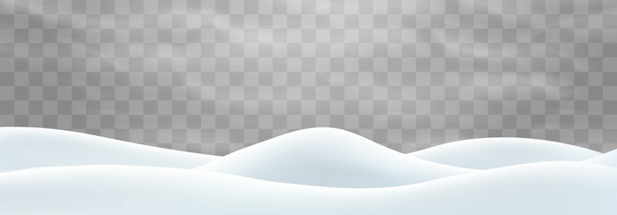 Vector snowdrifts isolated on png background. Snow landscape decoration, frozen hills. Empty snowbanks field. Christmas vector illustration. Transparent background.