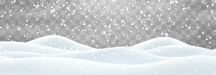 Vector heavy snowfall with snowbanks field. Snow landscape decoration, frozen hills isolated on png background. Snow flakes, snow and blizzard falling on snowdrifts. Christmas vector illustration