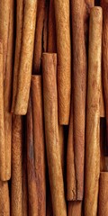 Vertical close-up of several warm brown cinnamon sticks, with textured bark