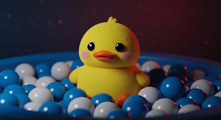 Whimsical Toy Chicken in Blue and White Ball Pit Against a Cozy Gradient Background