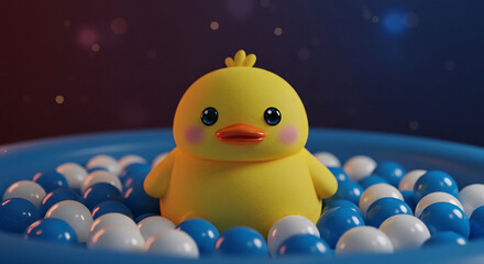 Whimsical Scene: Plush Duck with Blue Eyes Glows Under Soft, Starry Night Light