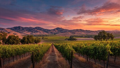 Naklejka premium Vineyard landscape at sunset with rows of grapes, mountains, and vibrant sky